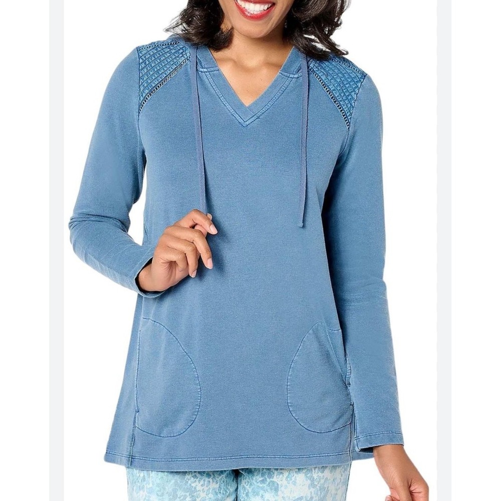 LOGO Life Lori Goldstein French Terry Pintuck Steel Blue Hoodie‎ Size Small